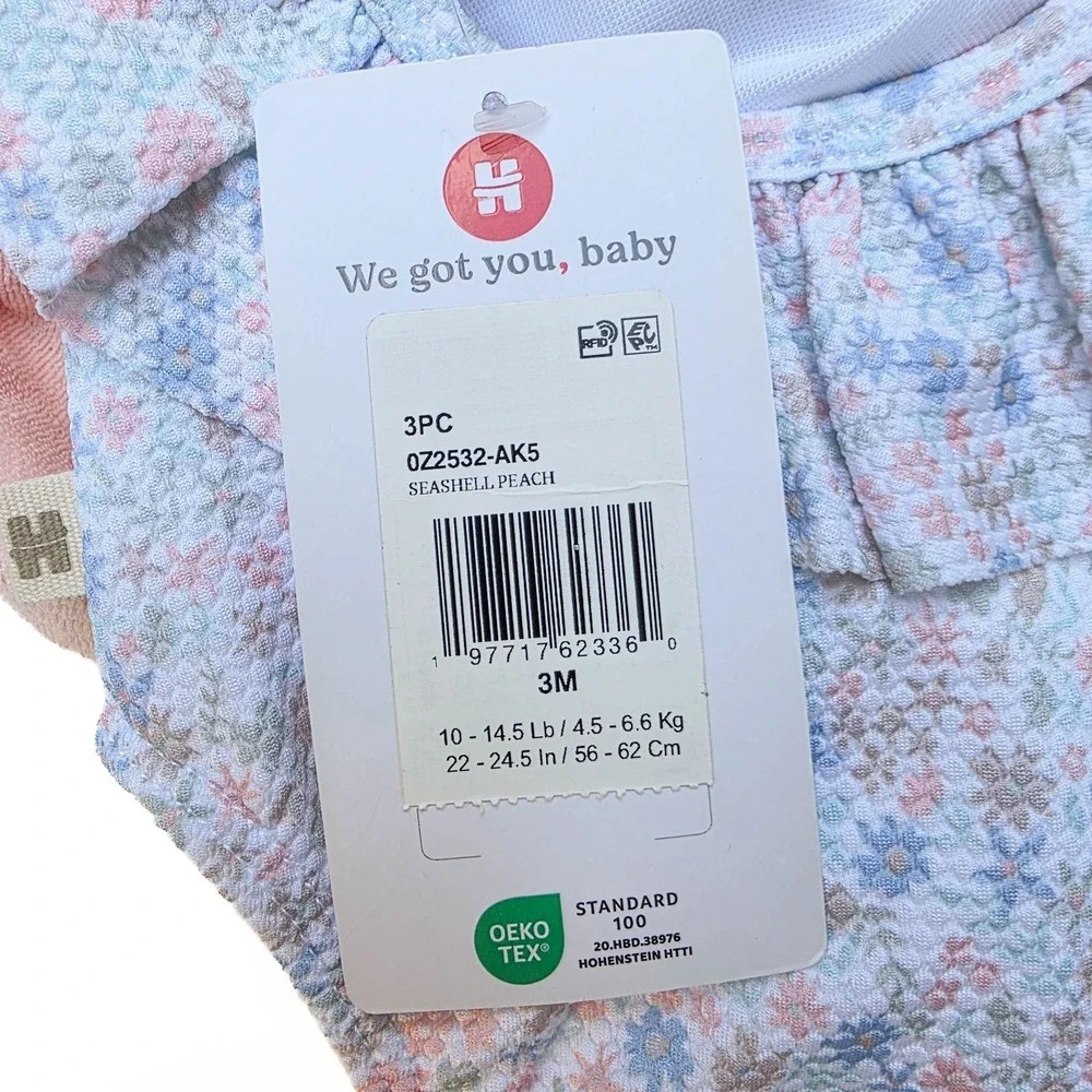 NWT‎ Huggies Baby Girl 3M Floral Swimsuit Cover Up Sun Hat 3Pc Set UPF 50+